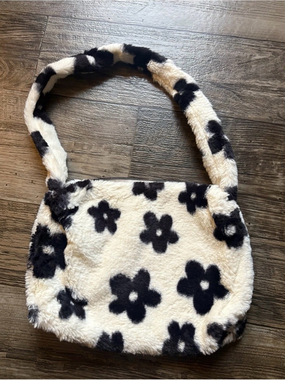 Black & White Floral Faux Fur Shoulder Bag